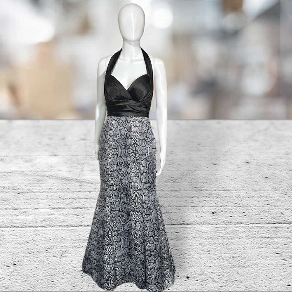 Betsy & Adam Snake Print Halter Top Gown